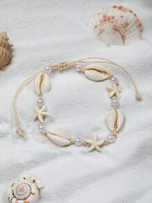 1 pieza Tobillera de estilo bohemio y playero con estrella de mar de turquesa y perlas falsas, tejida e impermeable, adecuada para mujeres de vacaciones