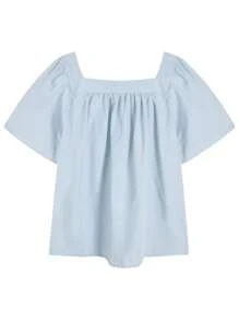 Summer Puff Sleeve Square Neck Casual Short Sleeve Blouse - Blue - View 6