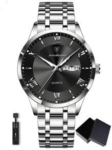 1 件商务时尚男士不锈钢石英腕表，带日历星期双显示，30 米防水，夜光指针功能，男士休闲银色手表，带盒装，男士礼品套装 - 銀色 - 查看 12