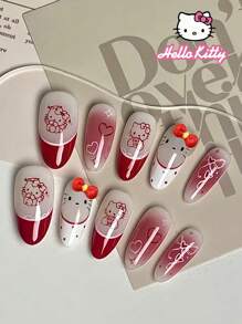 Sanrio Uñas postizas francesas con puntas de almendra de Hello Kitty de Sanrio, 24 piezas, con decoración 3D de Hello Kitty con moño, ajuste perfecto, set de uñas acrílicas falsas, que incluye 1 gel de gelatina y 1 lima de uñas, uñas de Hello Kitty para uso diario y de fiesta para mujeres y niñas