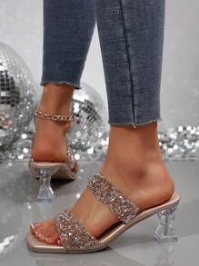 女士高跟凉鞋，法式方头香槟色亮片透明带心形水晶高跟鞋，适合礼服、正式活动、性感派对、生日、情人节礼物