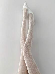 半双全新复古性感丝袜，花卉蕾丝镂空白色连裤袜，黑色透明蕾丝紧身裤，适合春夏搭配连衣裙，圣诞礼物佳选 - 白色 - 查看 7