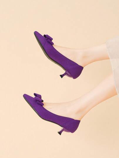 Women Pointed Toe Knit Solid Color Slip-On Flats, Cute Bow Decor Casual Plus Size French Kitten Heels 4cm, Youthful Look, Goes With Dresses