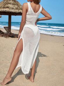 Women's Fashionable Hollow Out Round Neck Mesh Swimwear Cover Up Dress, Not Bikini (Bikini Not Included) - White - View 2