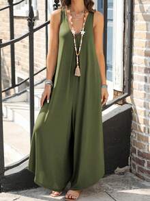 Plus Size Women's V-Neck Asymmetrical Hem Jumpsuit - Army Green - View 4