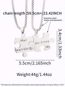 2pcs Stainless Steel Creative Geometric Puzzle Pendant Necklaces For Couples, "Her Weirdo, His Crazy" Letter Design Jewelry Sets, Gift For Christmas, New Year, Valentine's Day,Mom,Mother,Mother's Day,Gift - Multicolor - View 3