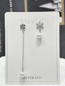 1 pièce Boucles d'oreilles pendantes en argent sterling 925 avec pierre de Zircone cubique asymétrique en forme de flocon de neige et perle, convient pour le port quotidien des femmes