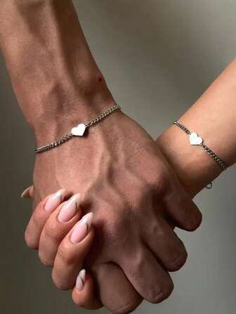 2pcs Fashionable Minimalist Stainless Steel Heart Shape Bracelet, Versatile Bff/Couples Gift, Won't Fade