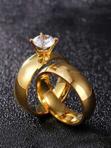 2pcs Fashion Exquisite Stainless Steel With Diamonds Couple Ring Suitable For Men And Women Daily Matching Use Holiday Dating Gift Jewellery - Gold - View 7