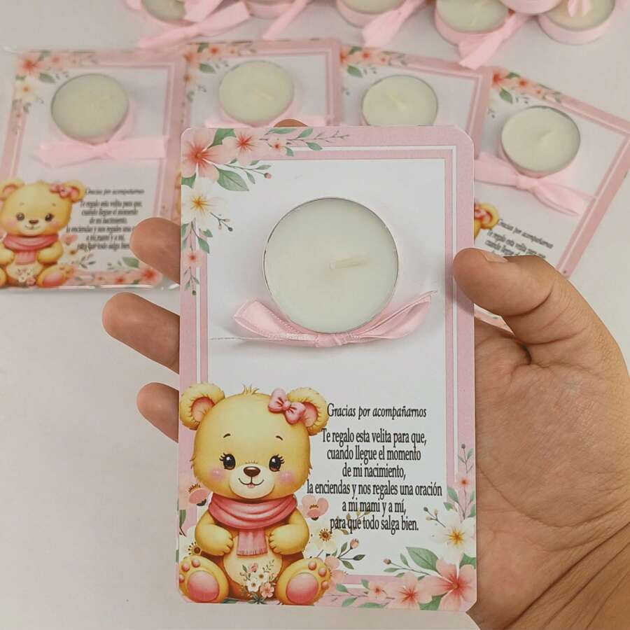 Set Of 60 Candles With A Good Wish Card - Baby Shower And New Baby Favors, Personalized Souvenir For Guests, Design To Choose From For Boys Or Girls, Elegant And Original Party Favor - 珊瑚粉 - 查看 1