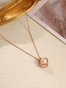 1 件时尚方晶锆石 S925 纯银玫瑰金环绕水钻和珍珠项链，适合女性日常佩戴和派对礼物 - 玫瑰金 - 查看 1