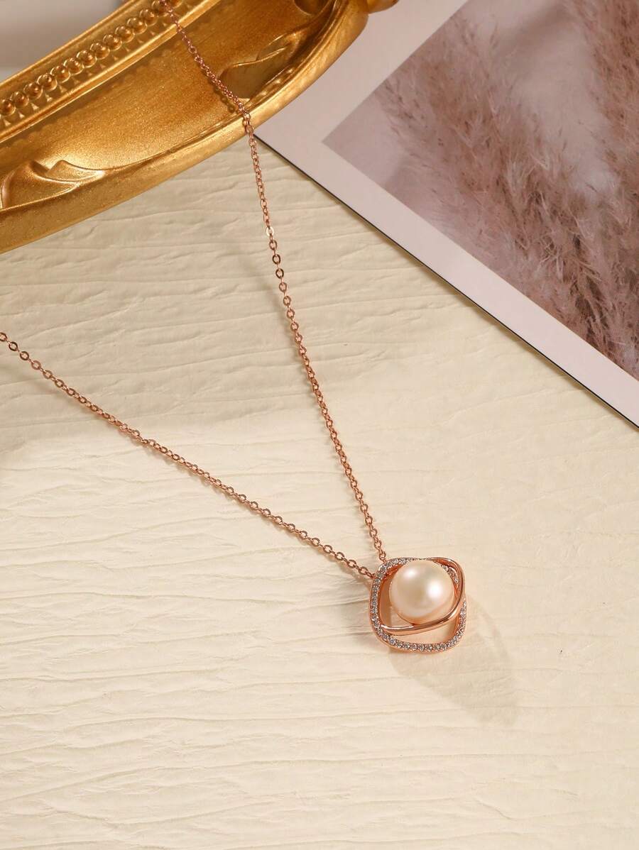 1 件时尚方晶锆石 S925 纯银玫瑰金环绕水钻和珍珠项链，适合女性日常佩戴和派对礼物 - 玫瑰金 - 查看 1