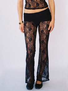 Women Sexy Sheer Lace Long Pants Floral Printed Flared Flared Pants For Party Dance Clubwear
