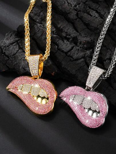 1 Piece Of Men's And Women's Personalized Full Rhinestone Two-Color New European And American Pink Crooked Lips With Teeth Full Rhinestone Micro-Inlaid Hip-Hop Pendant Necklace Keel Flower Basket Necklace Combination European And American Domineering Thick Gold Chain Street Full Rhinestone Men's And Women's Hip-Hop Rap Rhinestone Pendant Necklace Suitable For Festival Wear Exquisite Gift