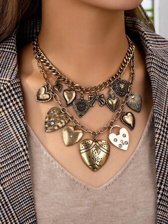 1 Pieza Collar con dije de corazón vintage, collar declarativo con múltiples dijes de corazón