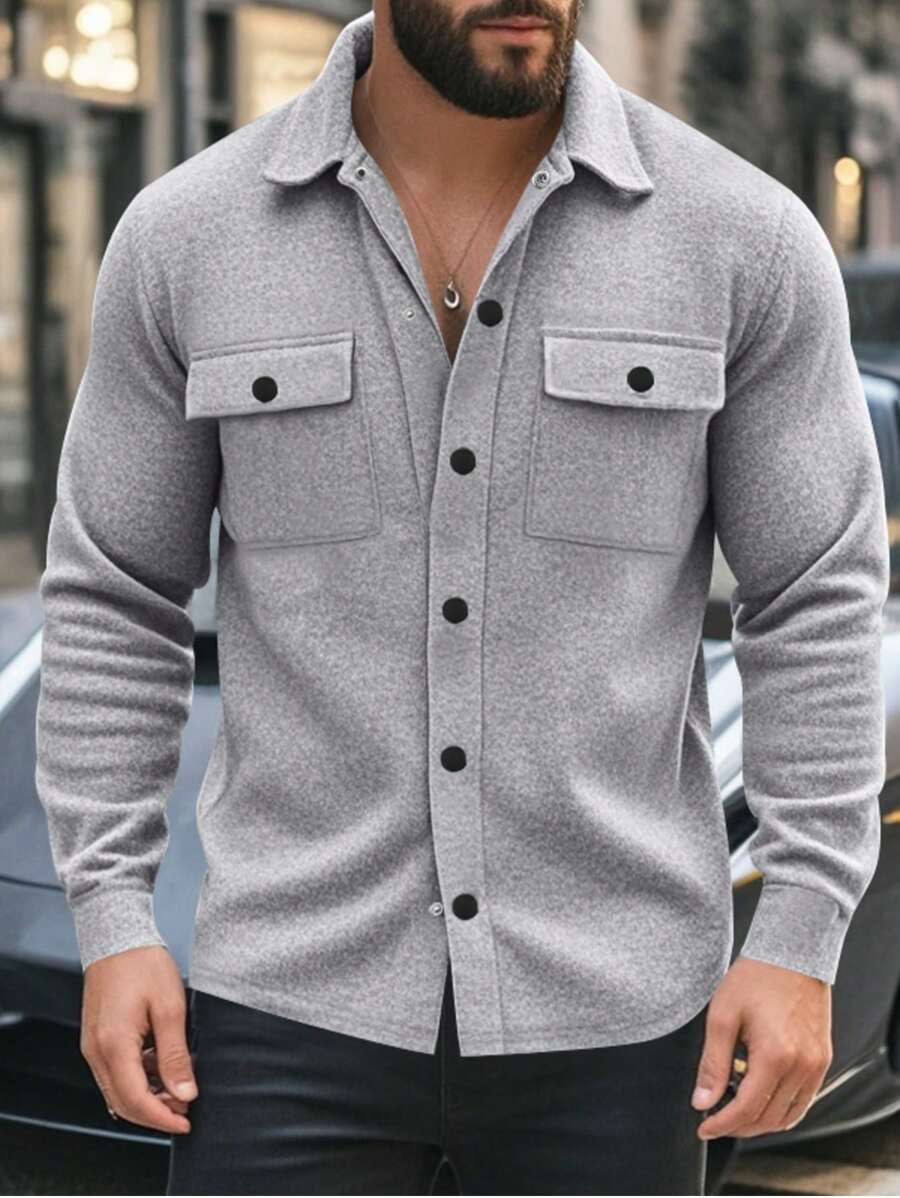 2025 Spring & Autumn Casual Men's Thermal Lined Collared Single Breasted Solid Color Slim Fit Jacket - Light Grey - View 1