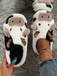 Cow Pattern Thermal Slippers, Warm Fluffy Anti-Slip Couple House Slippers, Winter - White - View 2