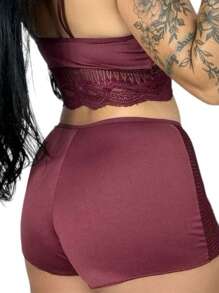 Women's Babydoll With Lace Details In Nightwear Short Pajamas - 酒紅色 - 查看 5