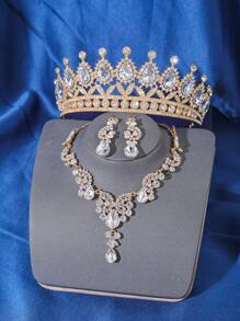 4 件优雅奢华巴洛克水晶皇冠项链耳环配饰套装，新娘婚礼头饰，女士派对活动成人礼物皇冠项链耳环
