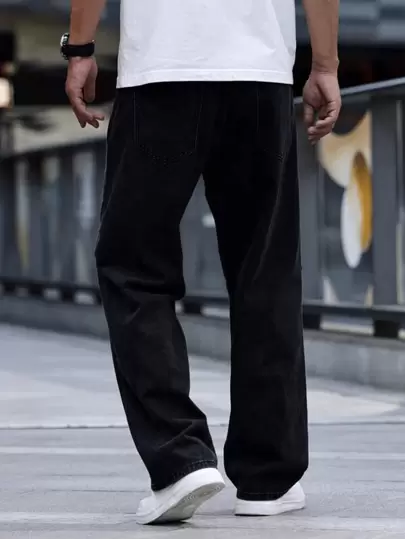 1pc Men's Street Style Loose Fit Casual Washed Straight Leg Jeans, Korean Fashion, Versatile