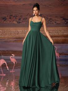 AOSHABABI 橄榄绿色纯色褶皱雪纺优雅女士晚礼服适合所有正式场合、庆典、婚礼嘉宾、音乐节、节日派对、毕业典礼、鸡尾酒会、约会、度假和伴娘、派对礼服 - 墨綠色 - 查看 10