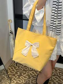 Large Capacity Women's Shoulder Bag, Fashion Patchwork Bow Solid Color Tote - Yellow - View 2