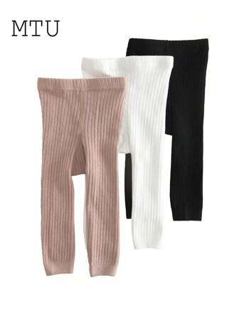 3pcs Newborn & Toddler Girls Solid Color Vertical Stripe Cropped Leggings, Minimalist Versatile Snug Fit Pants, All Seasons
