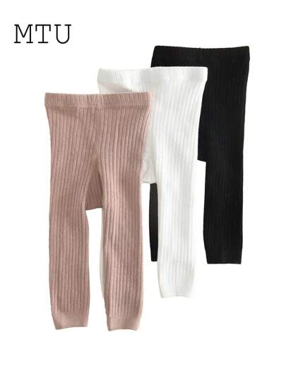 Set de 3 pantalones acampanados sólidos y de rayas verticales para recién nacidas y niñas pequeñas, pantalones versátiles y ajustados de estilo minimalista, para todas las estaciones