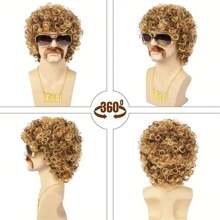 Disco Wig 5-Piece Set Of Wig+Glasses+Necklace+Chicken Lips+Wig Cap 70s Clothing Wig African Wig Men's Short Curly Hair Naturally Fluffy Synthetic Wig Disco Party European And American Men's Rock Hair Disco Hippie 80s Punk Big Dollar Necklace Black Curly Hair Wig