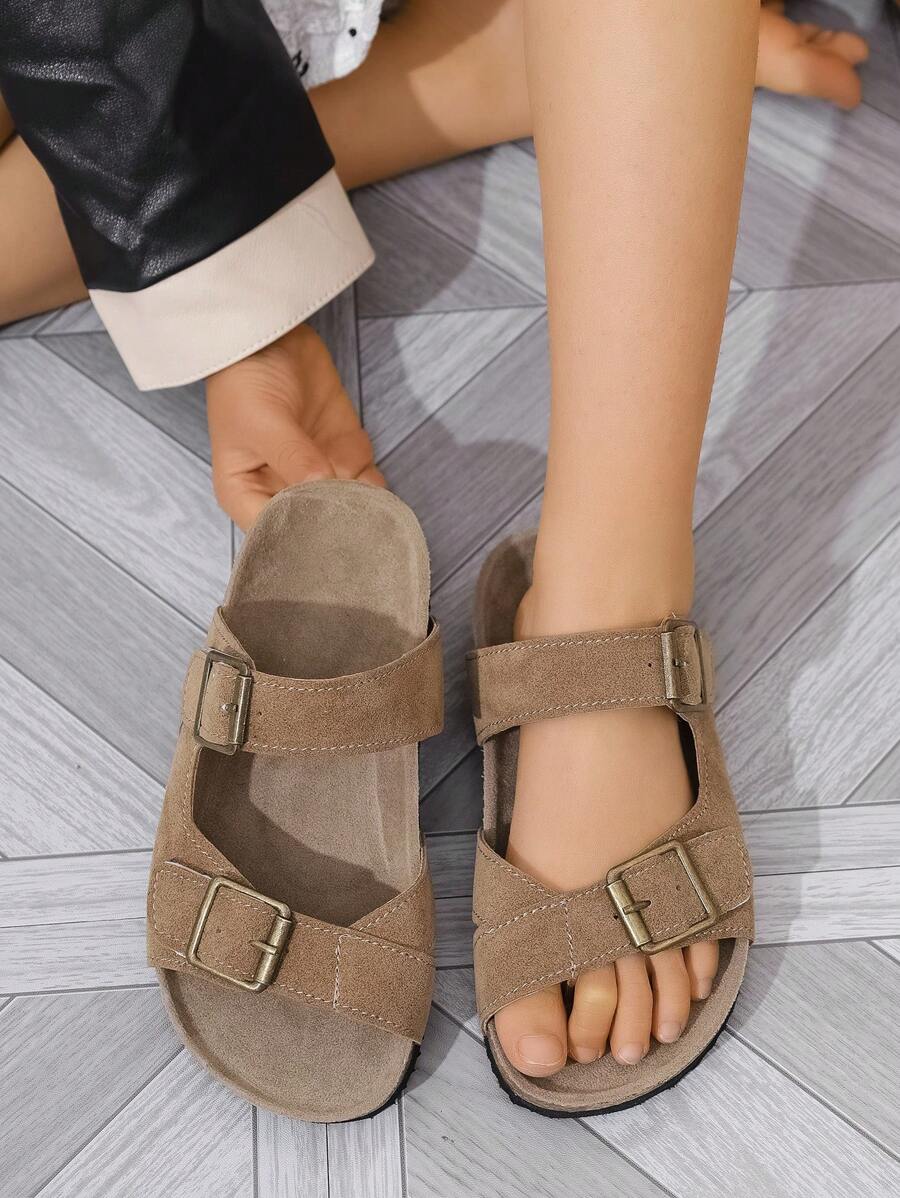 儿童时尚带扣凉鞋，女童夏季户外沙滩拖鞋 - 棕色 - 查看 1