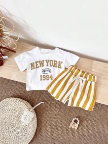 2Pcs/Set Newborn Infant Baby Boys Girls Casual Letter Print Short Sleeve Top + Striped Shorts, Summer