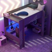 Wood Full Size Gaming Loft Bed With Desk Multi-Storage Shelves LED And Charging Station Dark Gray - Xám đậm + Gỗ đặc + MDF + Phòng ngủ như hình - Xem 4