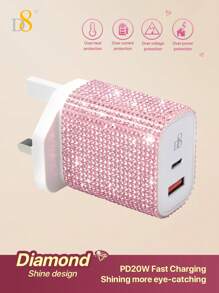 1个水晶装饰USB-C墙充，20W Type-C+QC3.0双口电源适配器，USB-C数据线手机充电器，兼容 16/15/15 Plus/15 Pro/15 Pro Max、Pro 12.9英寸（第五代/第四代/第三代）、Galaxy S23 Ultra/S23/S23+/S22/S21/S20 Ultra/S22+/S21+/Ultra/S20/S20+，适合旅行、办公、宿舍和家庭使用，多端口设计 - 英規插(220-240V) - 查看 10