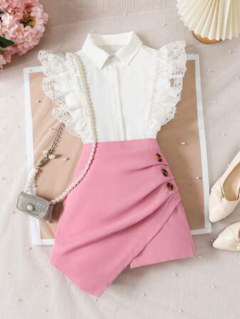 2 件套女孩优雅花卉蕾丝拼接无袖上衣和不对称下摆裙子，春夏