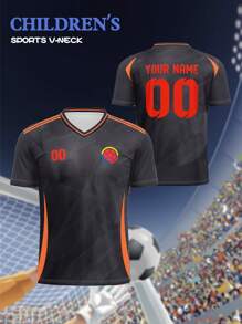 V-Neck Kids Soccer Jersey, Colombia. Breathable & Quick Dry Spring/Summer Tops For Boys & Girls, Custom Name & Number. Comfortable, Breathable, Fitted Sports & Casual Outdoor Running Shirt, Orange & Black