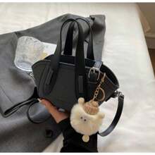 Black Patchwork Quilted Color Block Fashion Retro Pom Pom Decor Women's Handbag, PU Material, Zipper Closure, Dual Top Handles, Adjustable Shoulder Strap, Elegant For Daily Wear, Outing, Commute, Shopping