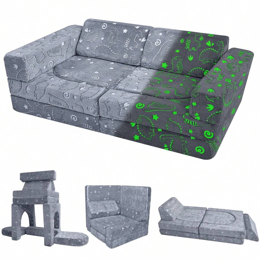 MeMoreCool Children's Sofa Play Sofa, Children's Fold-Out Flip Sofa Chair Children's Couch Children's Sofa From 6 Years Fancy Play Sofa An Exciting Indoor Playground For The Children's Room, Ideal For Children, Gray - 灰色恐龍 - 查看 1