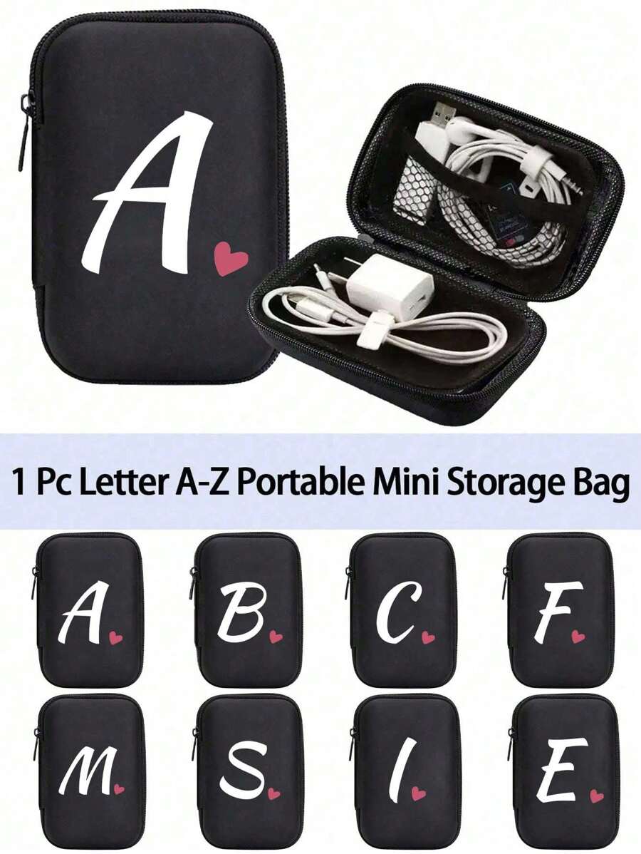 A-Z Letter & Heart Pattern Mini Portable Storage Pouch, Waterproof & Shockproof Digital Organizer Bag, Initial Monogram Phone Charger Cable Holder, Zipper Pouch For Wallet, Data Cable, Electronic Accessories, Suitable For Business, Travel, School, University, Office - Black - View 1