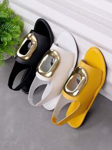 大码女士夏季休闲金属扣平底凉鞋，露趾，一脚蹬，舒适，防滑，适合海滩、度假、休闲、罗马风格 - 黃色 - 查看 5