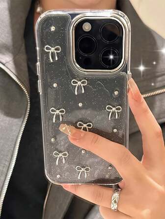 可爱小巧 3D 金属蝴蝶结手机壳适用于 iPhone 16 15 14 13 12 11 Pro Max Plus 奢华滴胶闪光外壳全新时尚日韩女孩透明软壳