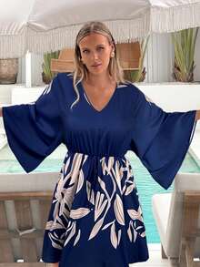 V-Neck Oversized Batwing Sleeve Floral Print Long Sleeve Dress - Navy Blue - View 1