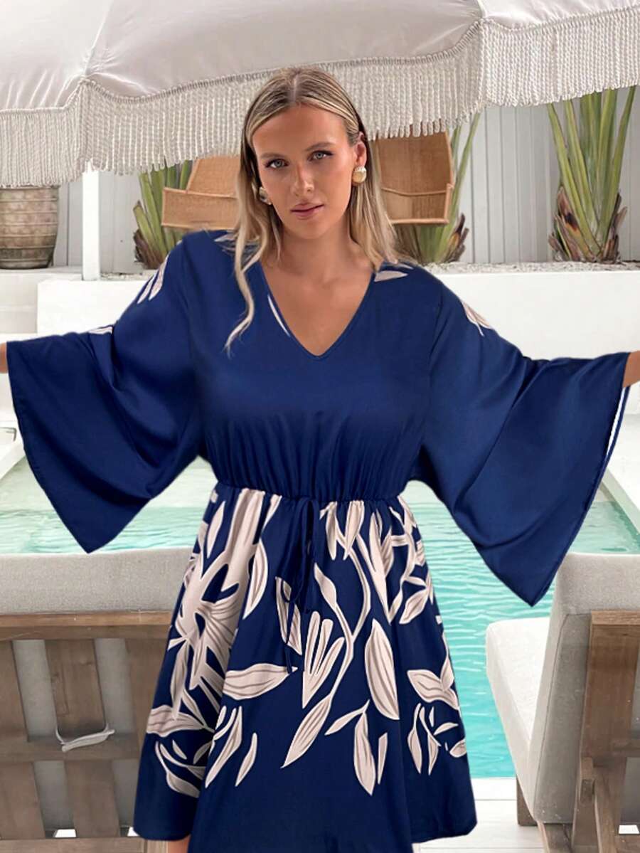 V-Neck Oversized Batwing Sleeve Floral Print Long Sleeve Dress - Navy Blue - View 1