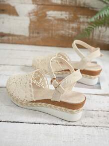 2025 Summer New Women's Beige Linen Mesh Hollow Wedge Thick Bottom Non-Slip Lightweight PU Sole Wrapped Comfortable Linen Lining Fashion Round Toe Cute Increased Height Shoes - Beige - View 3