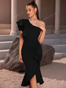 Vestido ceñido con volantes asimétricos elegantes en negro, vestido de fiesta, vestido de invitada de boda, para cóctel