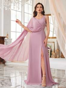 SUPGIR V-Neck Beaded Embroidery Sequin Ruched Batwing Sleeve Split Hem Chiffon Party Dress, Bridesmaid Dress - Pink - View 1