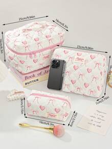 1 Bolsa de maquillaje acolchada con forma de corazón y lazo rosa. Bolsa de cosméticos de viaje, bolsa de cosméticos multifunción, bolsa de baño, bolsa de almacenamiento de joyas, bolsa de almacenamiento de perfumes y cuidado de la piel, bolsa de pinceles, bolsa de toallas sanitarias, bolsa de auriculares, monedero, bolsa de gafas, adecuada para familia, viajes, escuela y trabajo. Adecuada para mujeres y estudiantes. Regalos festivos, regalos de cumpleaños, regalos de Navidad, regalos para mamá, recuerdos, lindo