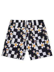 Men's Floral Plaid Pattern Drawstring Waist Casual Beach Shorts