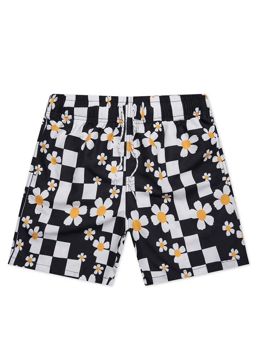 Men's Floral Plaid Pattern Drawstring Waist Casual Beach Shorts