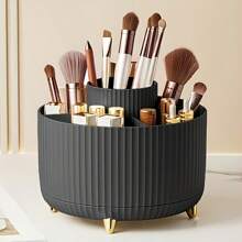 360° Rotating Makeup Organizer - Plastic Cosmetic Storage Box With 5 Compartments - Multifunctional Stand For Brushes, Lipsticks, Skincare And Stationery - Odorless Desk Storage Box, Luxury Striped Design (Makeup Tools Not Included)Summer Travel,Vacation