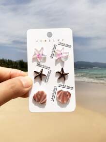 3 Pairs Acrylic Starfish Dolphine Shell Turquoise Stone Decor Summer Vocation Ocean Marine Organism Stud Earrings Set For Women